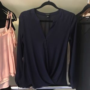 XS Ann Taylor Navy Long Sleeve Wrap Blouse
